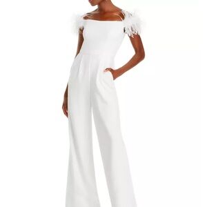 NWT Aqua White Off-Shoulder Wide-Leg Jumpsuit with Feather-Trim Sleeves sz 2